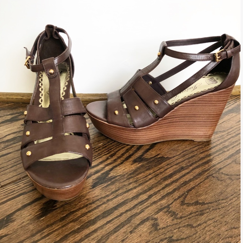 Juicy Couture Brown Leather Strap Platform Wedges